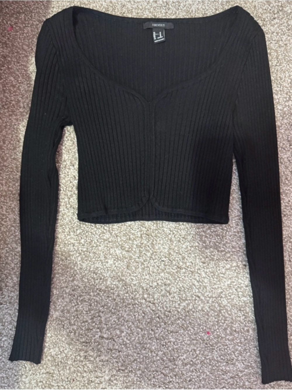Forever 21 Black Ribbed Scoop-Neck Cropped Long-Sleeve Top